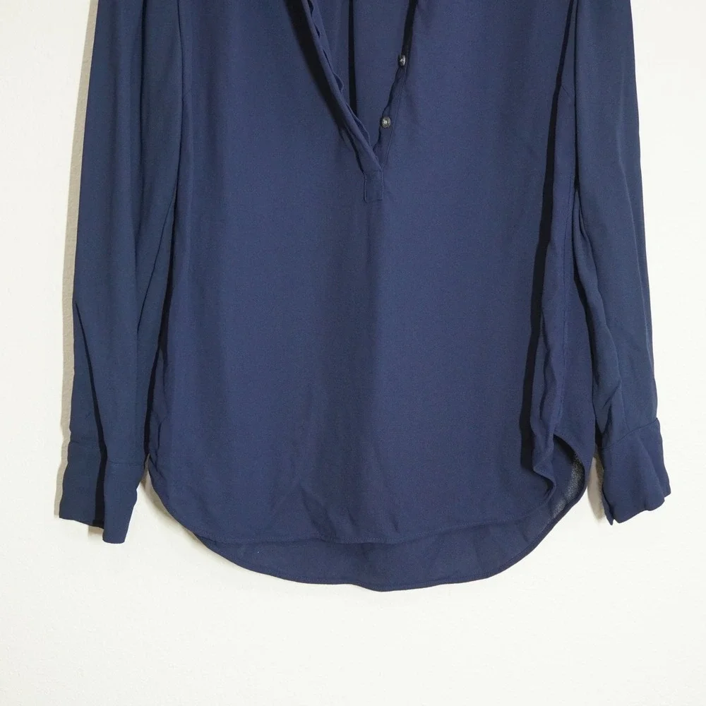 J. Crew Women's Size 14 Shirt Navy Blue Split Neck Long Sleeve Button Blouse Top